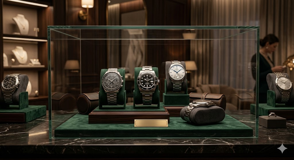 Luxury timepieces on display