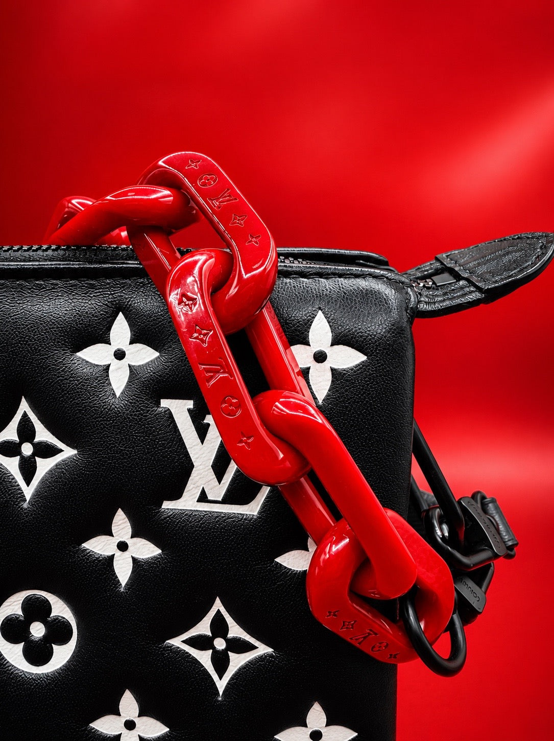 Louis Vuitton Coussin PM/ Coach Bag - Black Monogram Embossed Leather with Red Resin Chain