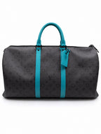 Louis Vuitton Keepall Bandoulière Duffle — Monogram Eclipse Canvas with Teal Trim