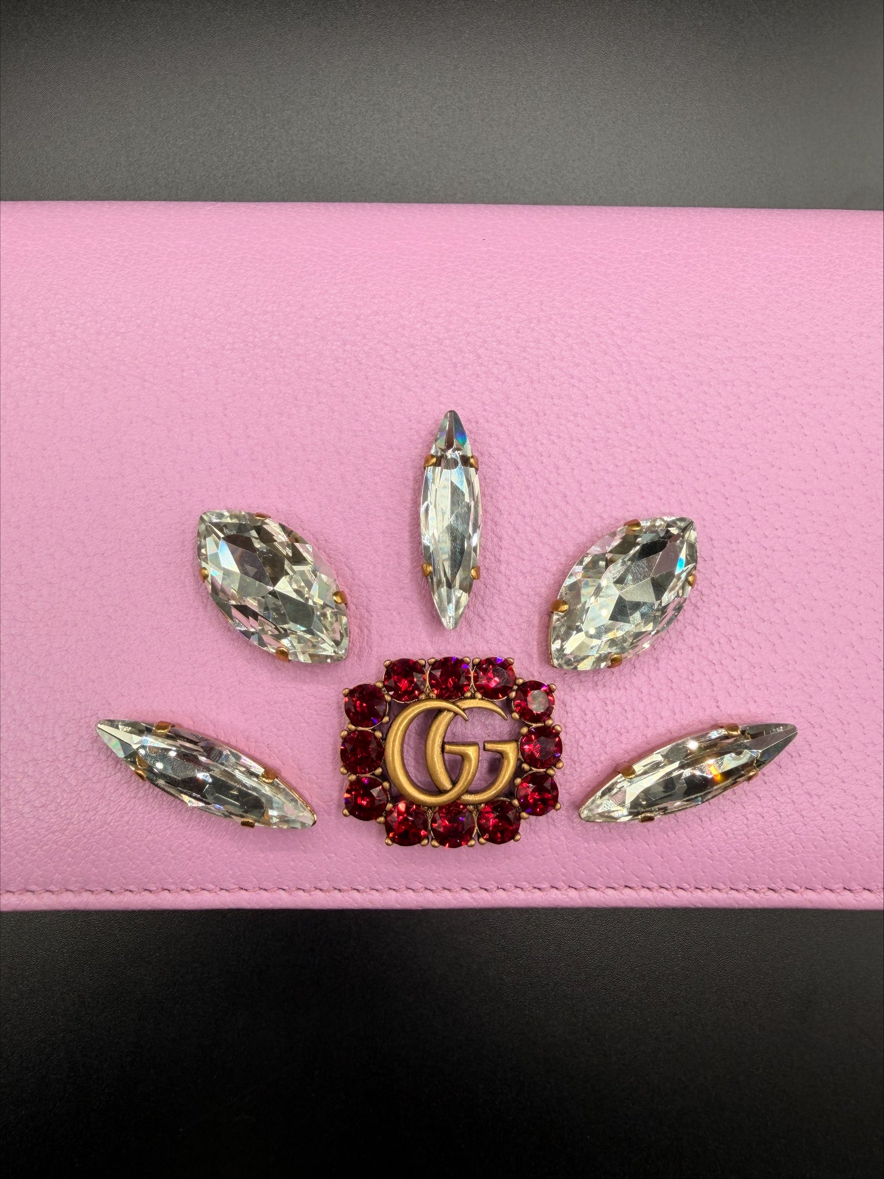 Gucci GG Marmont Crystal-Embellished Mini Bag — Pink Leather
