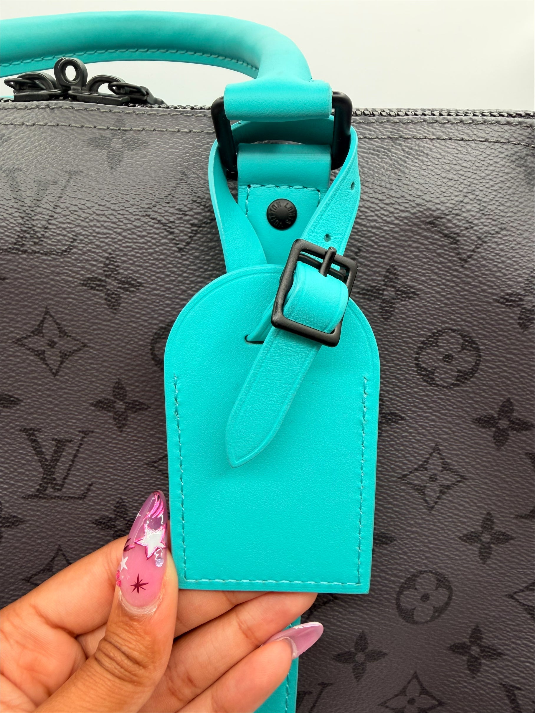 Louis Vuitton Keepall Bandoulière Duffle — Monogram Eclipse Canvas with Teal Trim