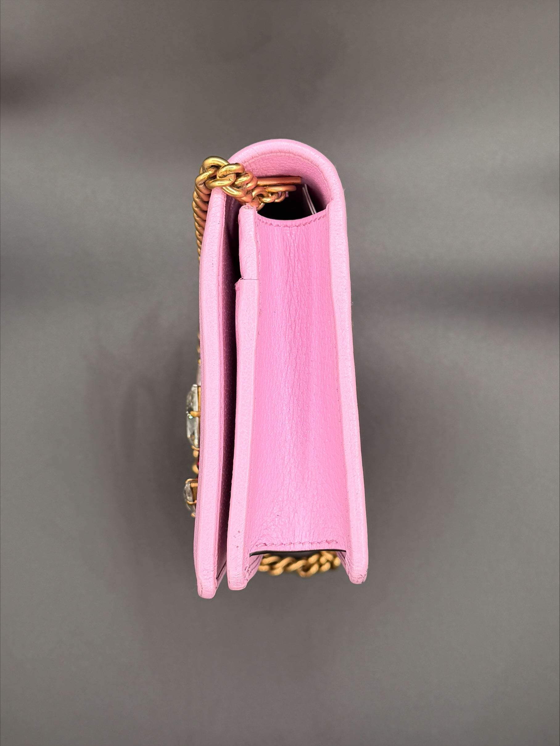 Gucci GG Marmont Crystal-Embellished Mini Bag — Pink Leather