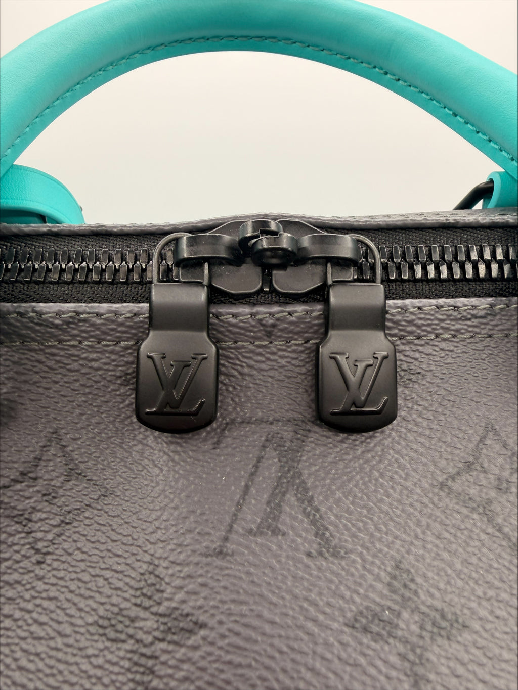 Louis Vuitton Keepall Bandoulière Duffle — Monogram Eclipse Canvas with Teal Trim