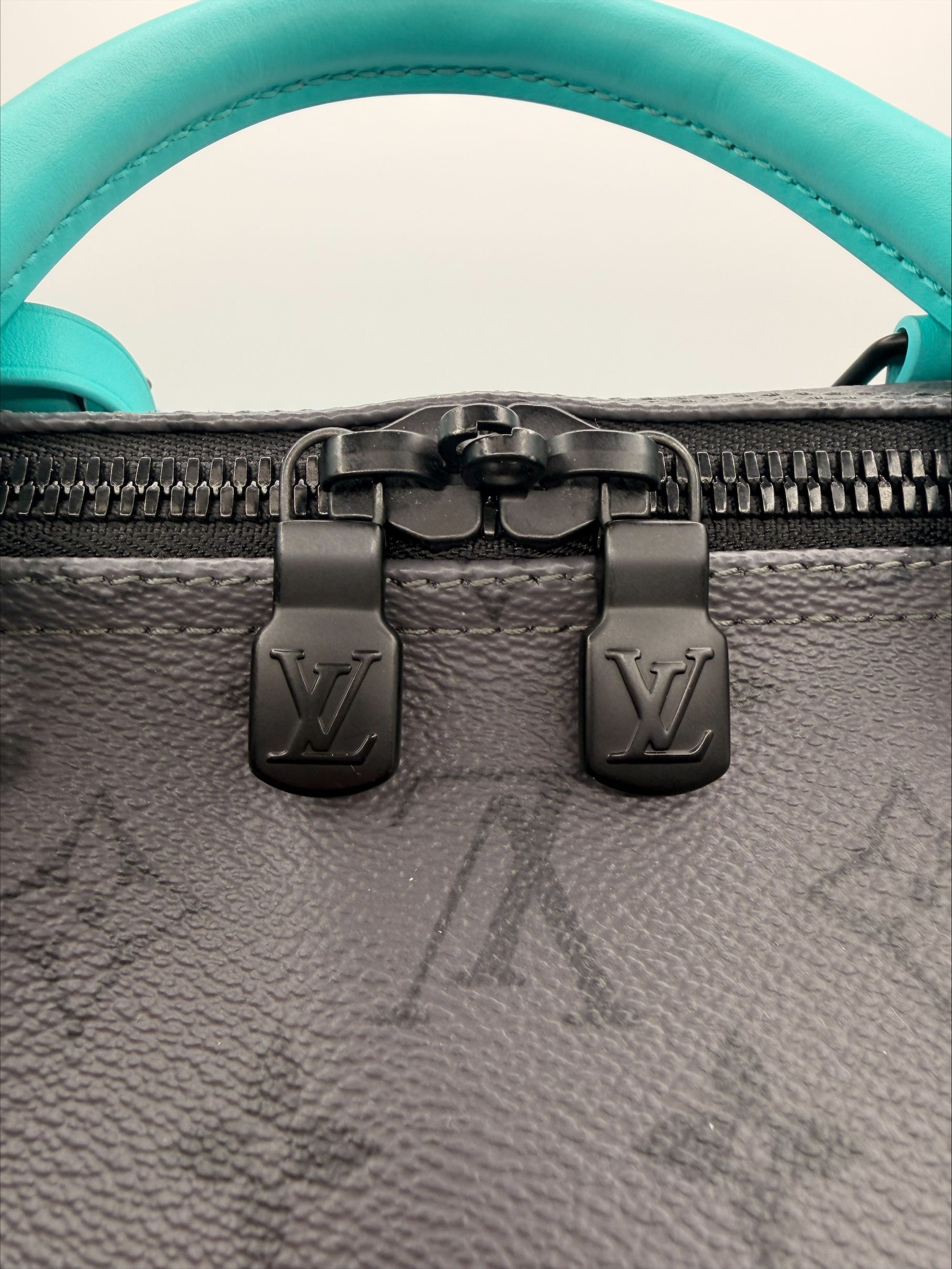 Louis Vuitton Keepall Bandoulière Duffle — Monogram Eclipse Canvas with Teal Trim