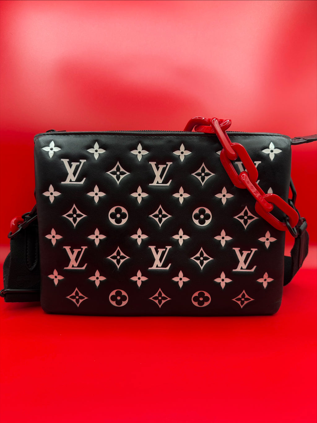 Louis Vuitton Coussin PM/ Coach Bag - Black Monogram Embossed Leather with Red Resin Chain