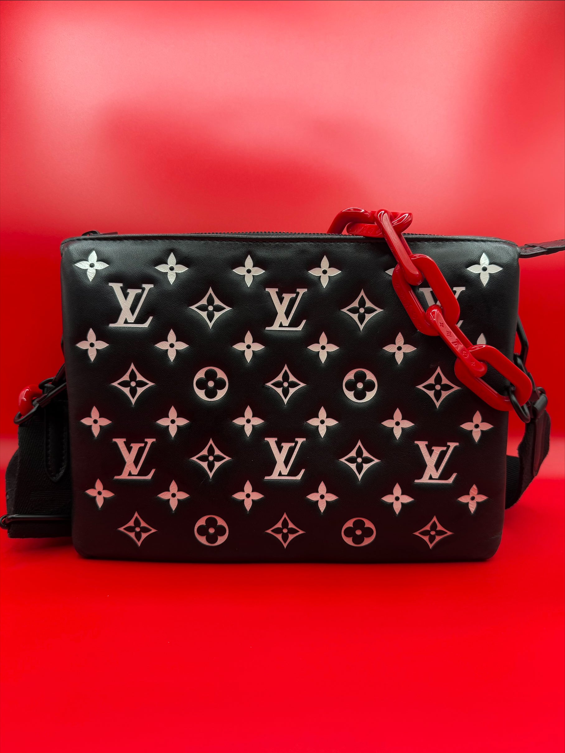 Louis Vuitton Coussin PM/ Coach Bag - Black Monogram Embossed Leather with Red Resin Chain